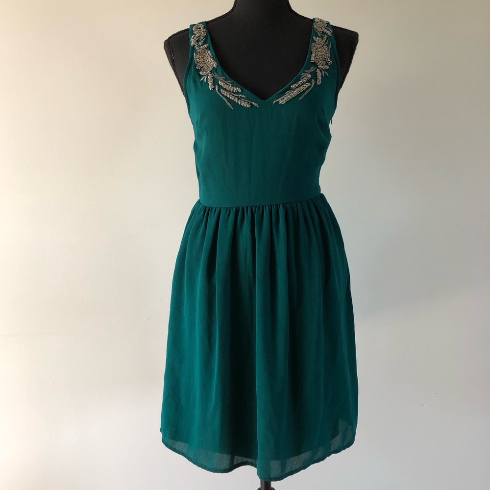 Women’s Zara Trafaluc Emerald Green Beaded Embroidered Midi Dress size S